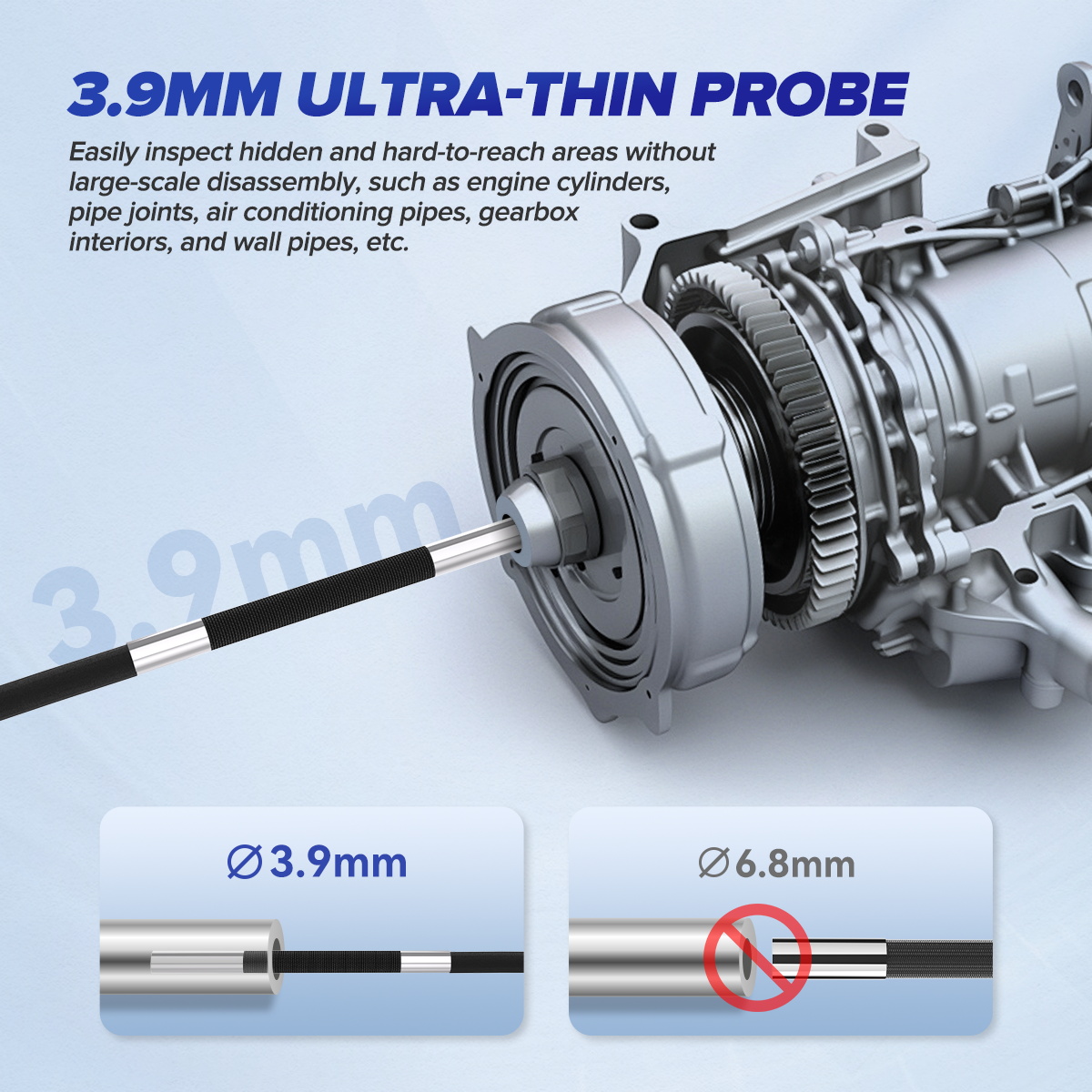 MRCARTOOL N220 3.9 mm probe compared with a larger inspection camera at a narrow mechanical opening.