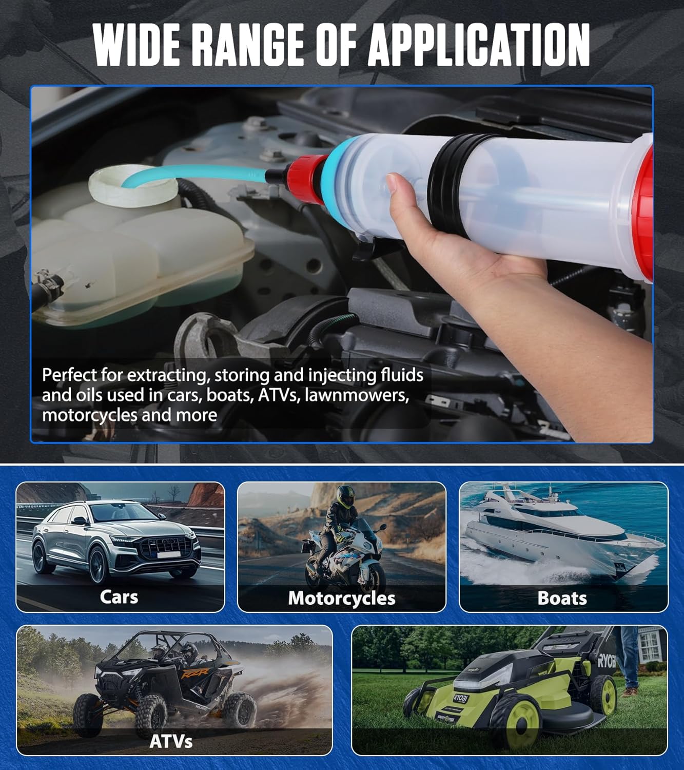 Official application image showing the extractor used at an accessible vehicle-fluid reservoir and the product page’s listed vehicle groups.