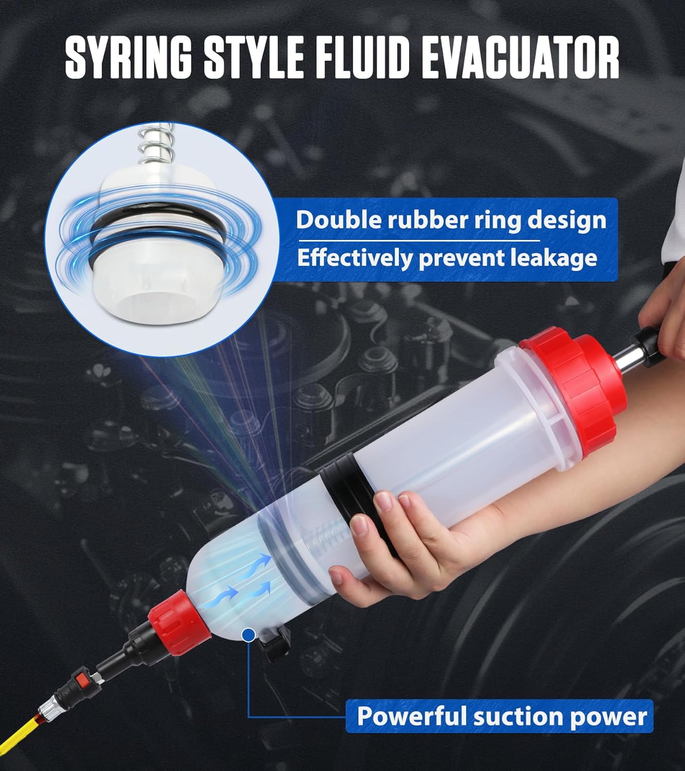 Official MRCARTOOL graphic showing the double-ring piston and syringe-style body under manual operation.