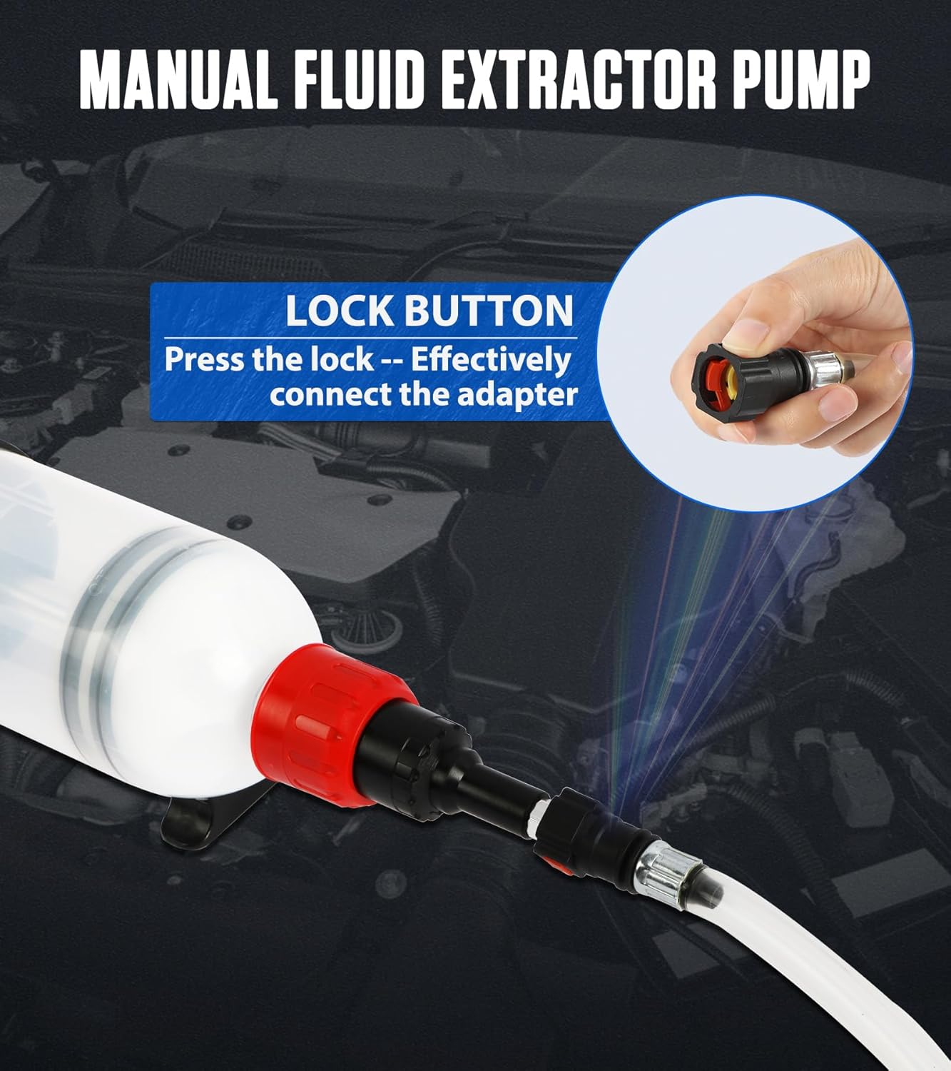 Official MRCARTOOL image identifying the push-to-connect locking adapter at the end of the pump assembly.