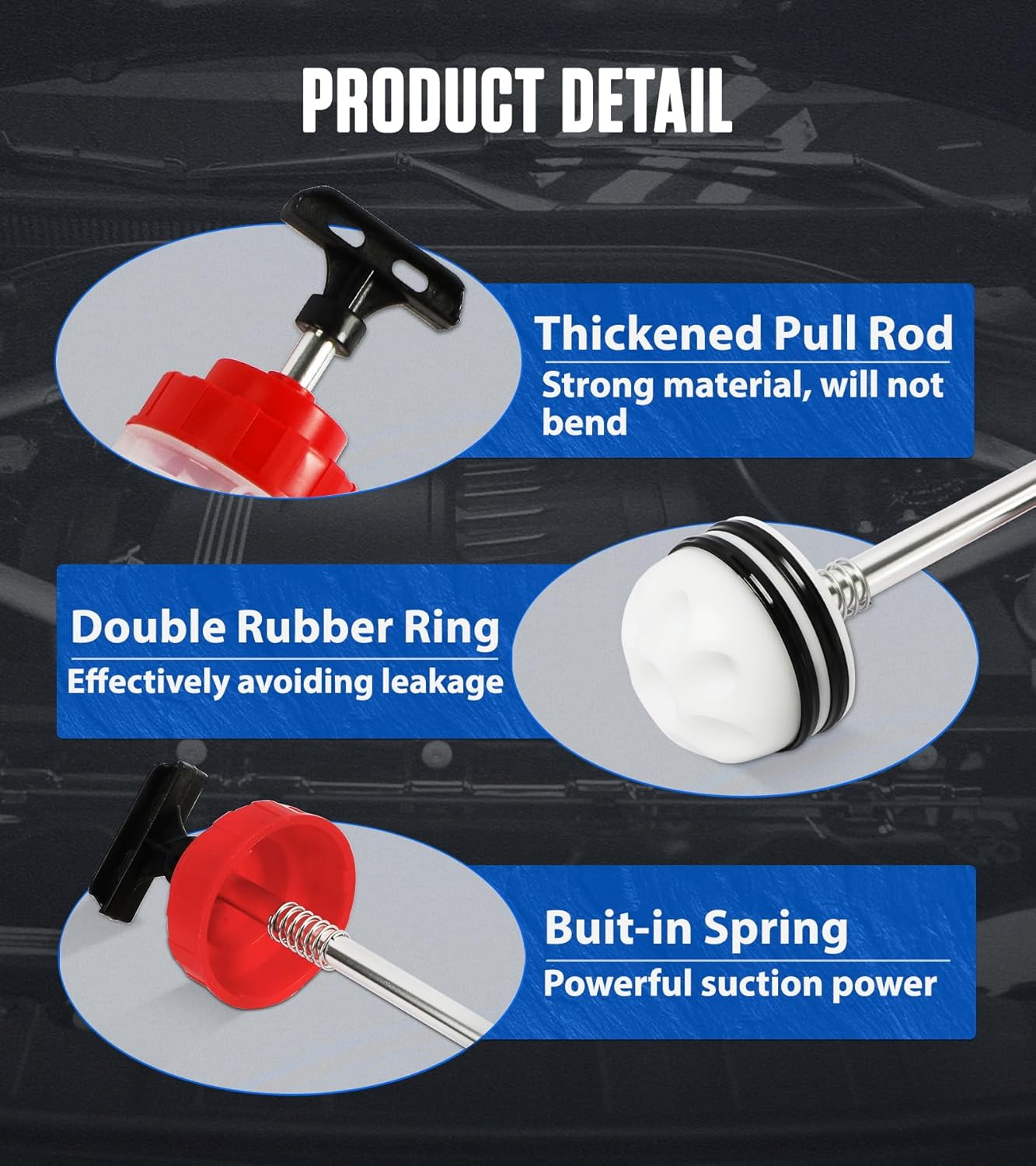 Official MRCARTOOL detail graphic showing the pull rod, two plunger sealing rings and built-in spring of the 1.5 L extractor.
