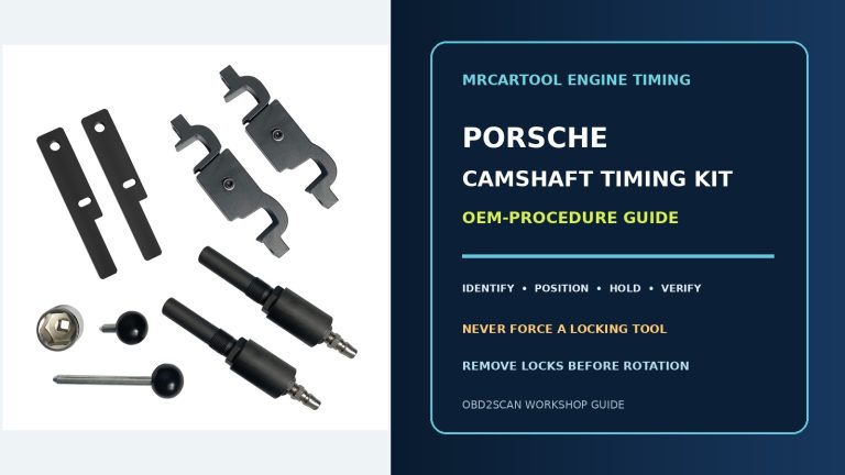 Official kit beside a large Porsche Cayenne/Panamera camshaft timing tool kit OEM-procedure guide title.