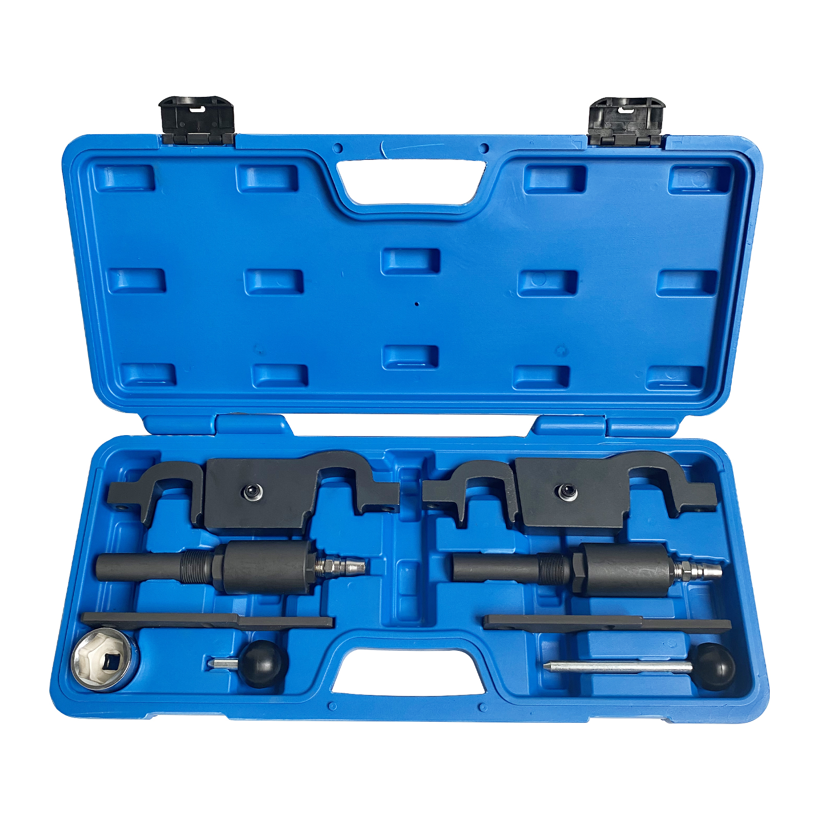 Official MRCARTOOL overview of the complete Porsche Cayenne/Panamera camshaft timing tool kit in its molded case.