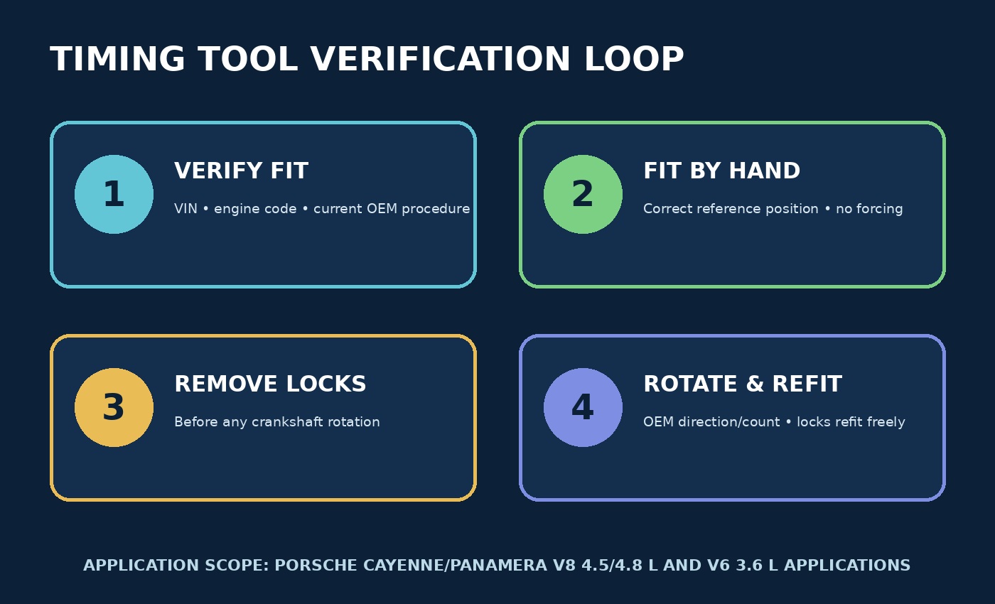 Verification diagram for matching the engine, fitting locks without force, removing them before rotation and refitting after the hand-rotation check.