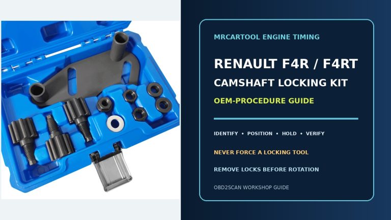 Official kit beside a large Renault F4R/F4Rt camshaft sprocket locking kit OEM-procedure guide title.