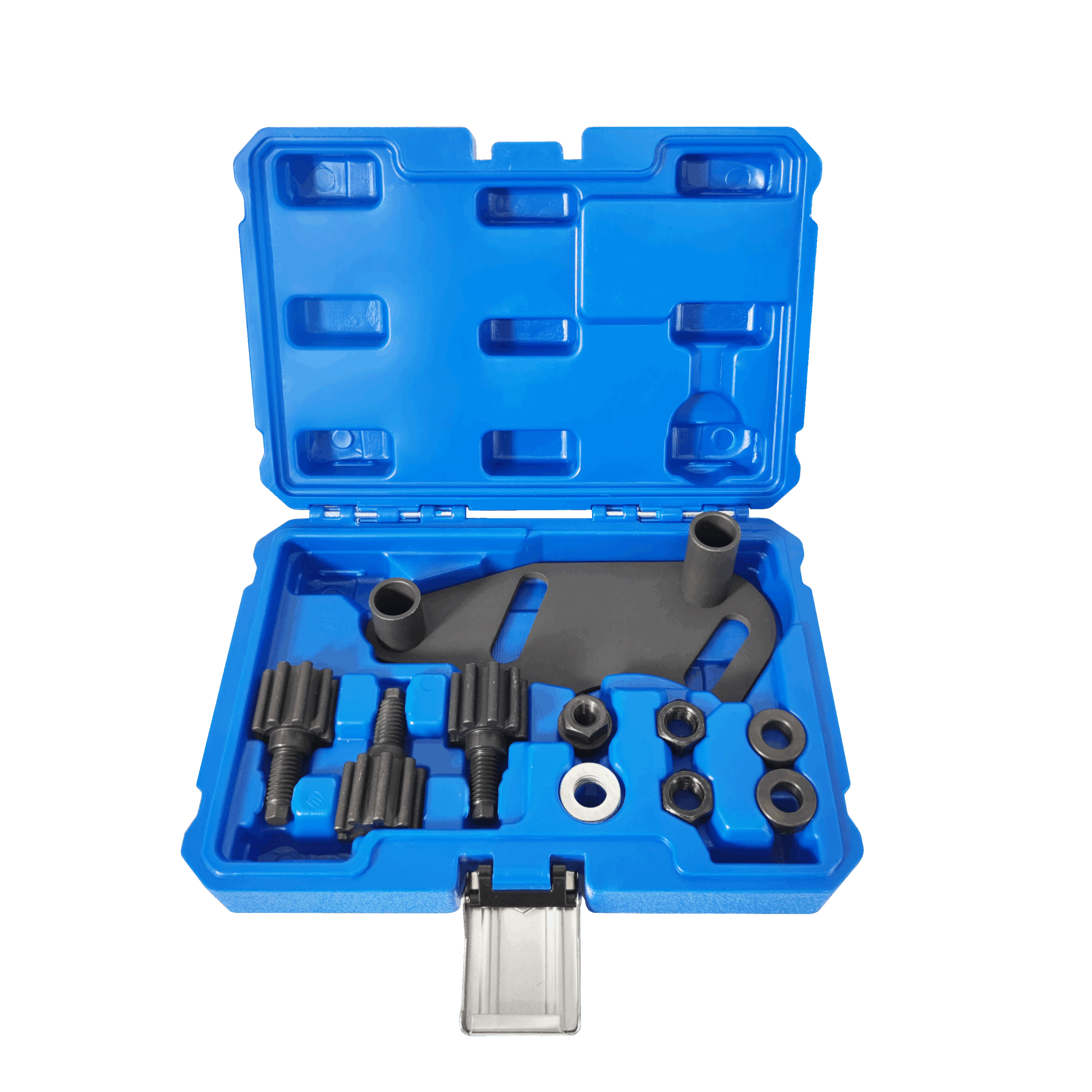 Official MRCARTOOL overview of the complete Renault F4R/F4Rt camshaft sprocket locking kit in its molded case.