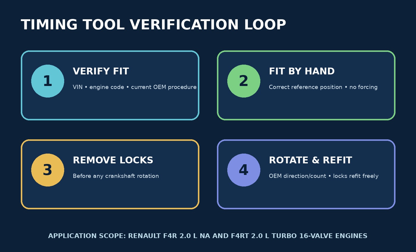 Verification diagram for matching the engine, fitting locks without force, removing them before rotation and refitting after the hand-rotation check.