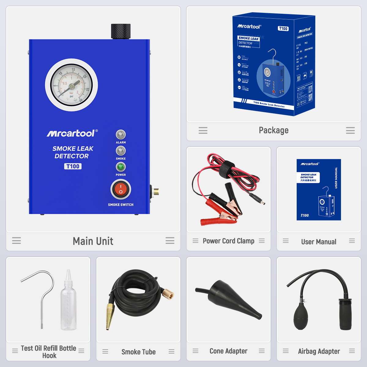 MRCARTOOL T100 smoke leak detector kit with hose, power cable, cone adapter, bladder adapter, hook and fill bottle.