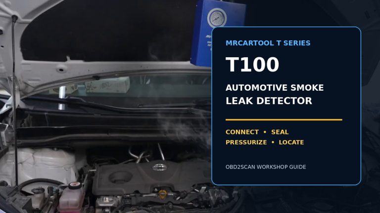 MRCARTOOL T100 hanging over an open engine bay with large tutorial title.