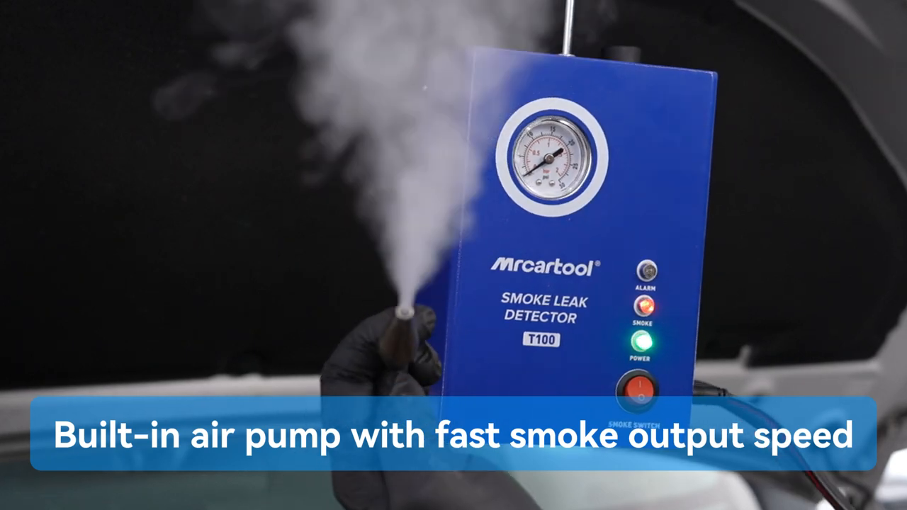 Dense smoke exiting the MRCARTOOL T100 hose during an output check.