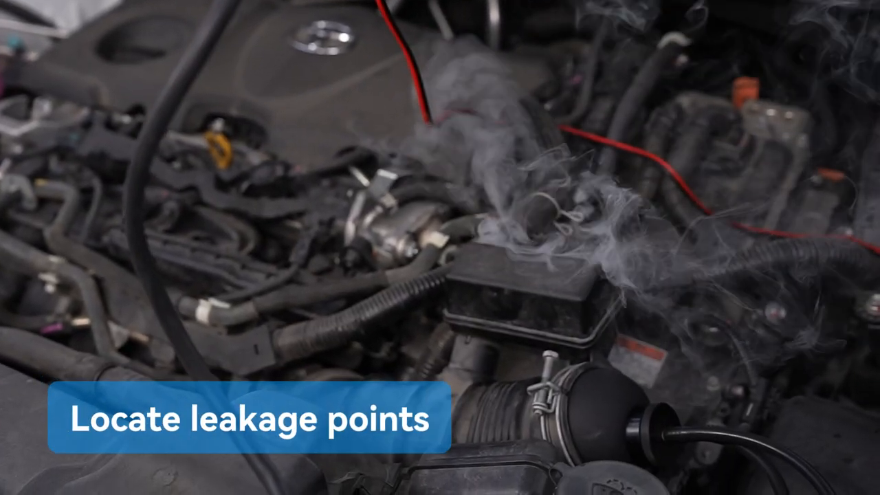 Visible smoke escaping from an automotive intake connection during a MRCARTOOL T100 test.