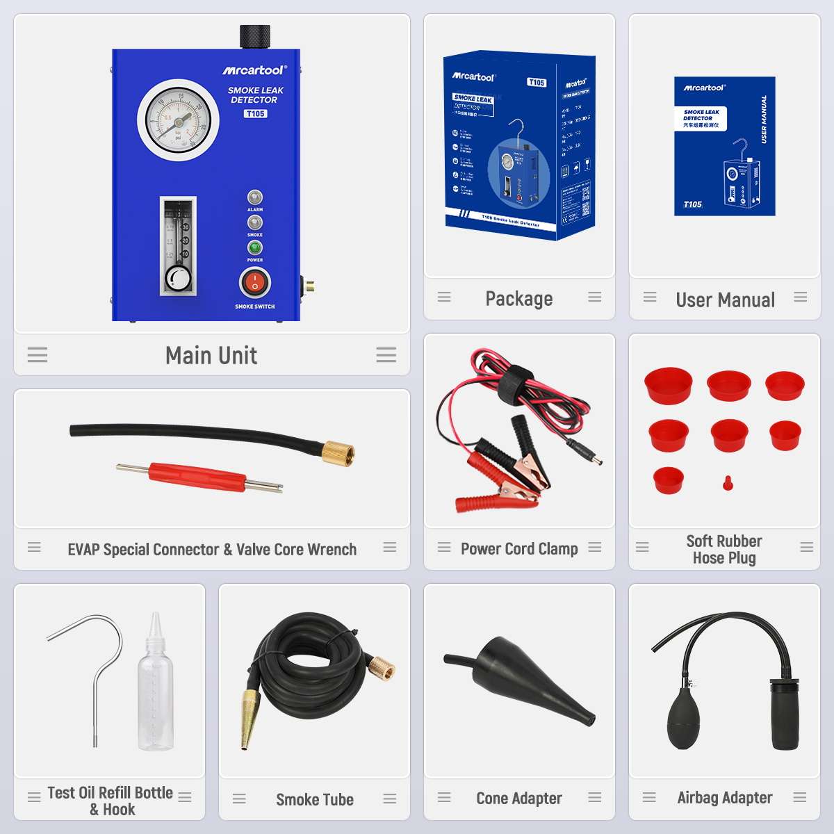 MRCARTOOL T105 smoke leak detector kit with hose, power cable, cone adapter, bladder adapter, hook and fill bottle.