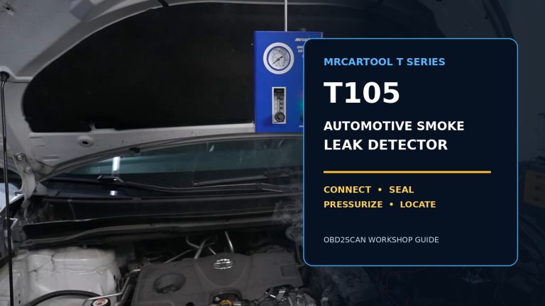 MRCARTOOL T105 hanging over an open engine bay with large tutorial title.