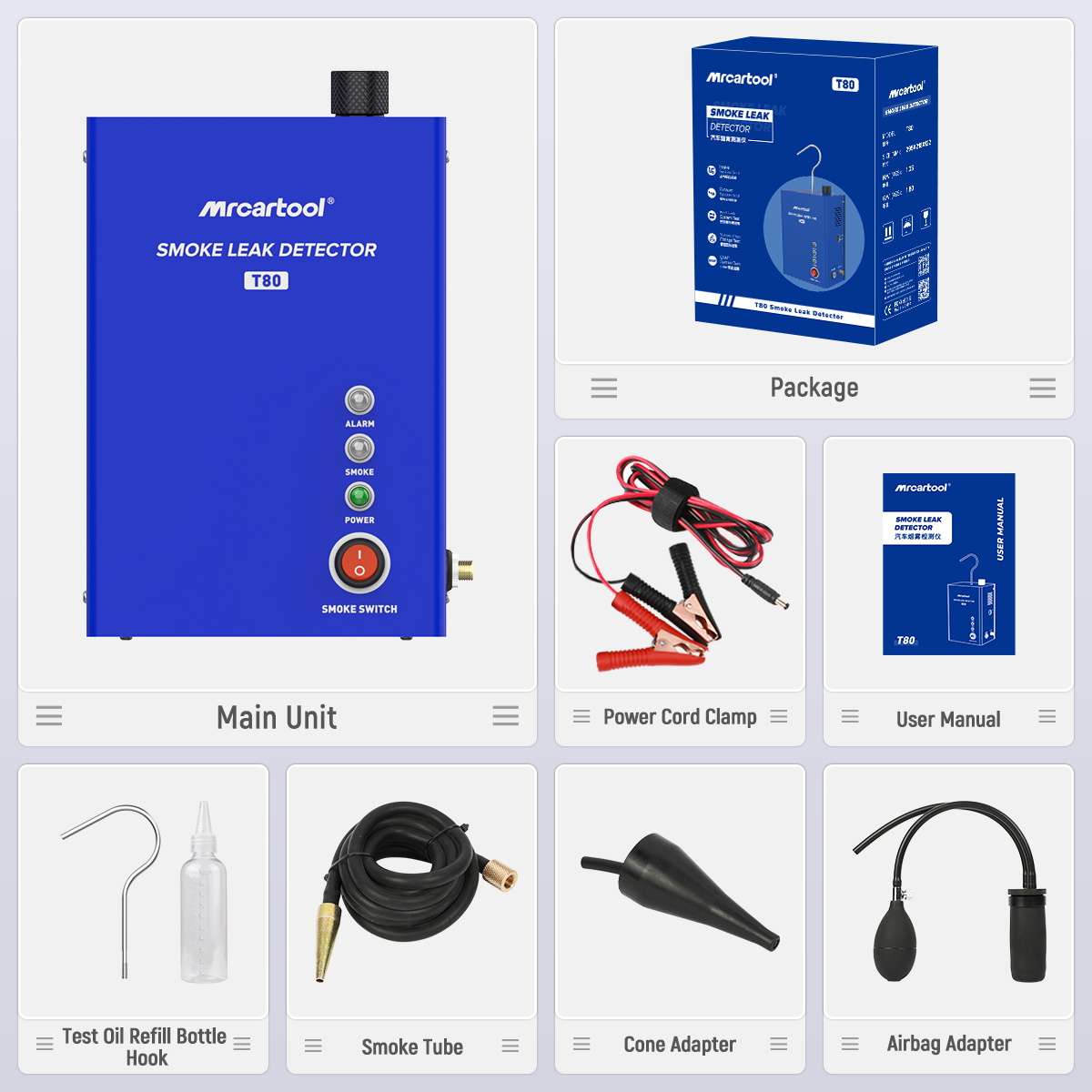 MRCARTOOL T80 smoke leak detector kit with hose, power cable, cone adapter, bladder adapter, hook and fill bottle.