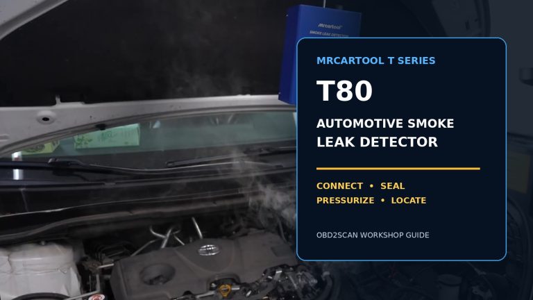 MRCARTOOL T80 hanging over an open engine bay with large tutorial title.