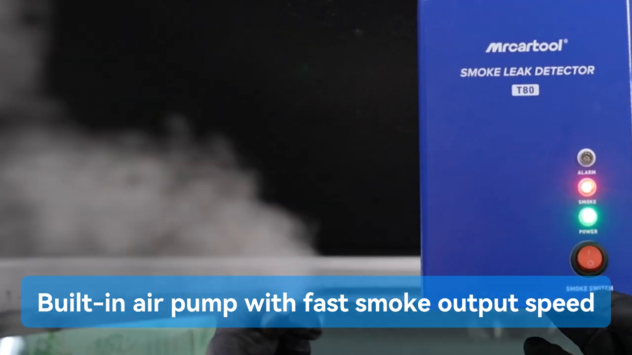 Dense smoke exiting the MRCARTOOL T80 hose during an output check.