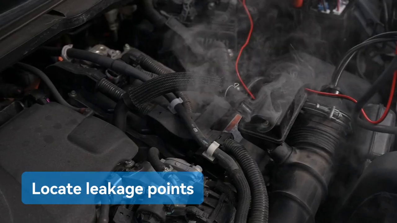 Visible smoke escaping from an automotive intake connection during a MRCARTOOL T80 test.