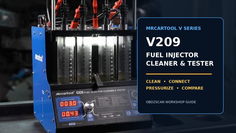 MRCARTOOL V209 fuel injector cleaner and tester running with four injectors and illuminated measuring cylinders.