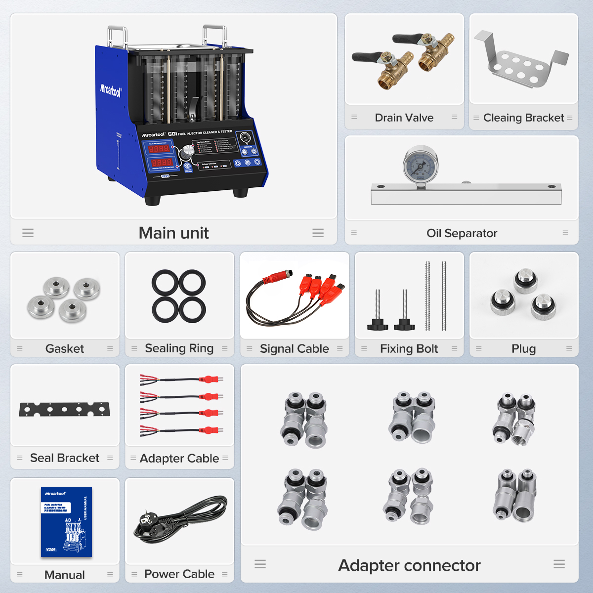 MRCARTOOL V209 main unit with its delivered rail, brackets, leads, seals and injector adapters.