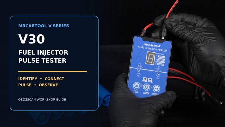 MRCARTOOL V30 tester, adapters and large operating-guide title.