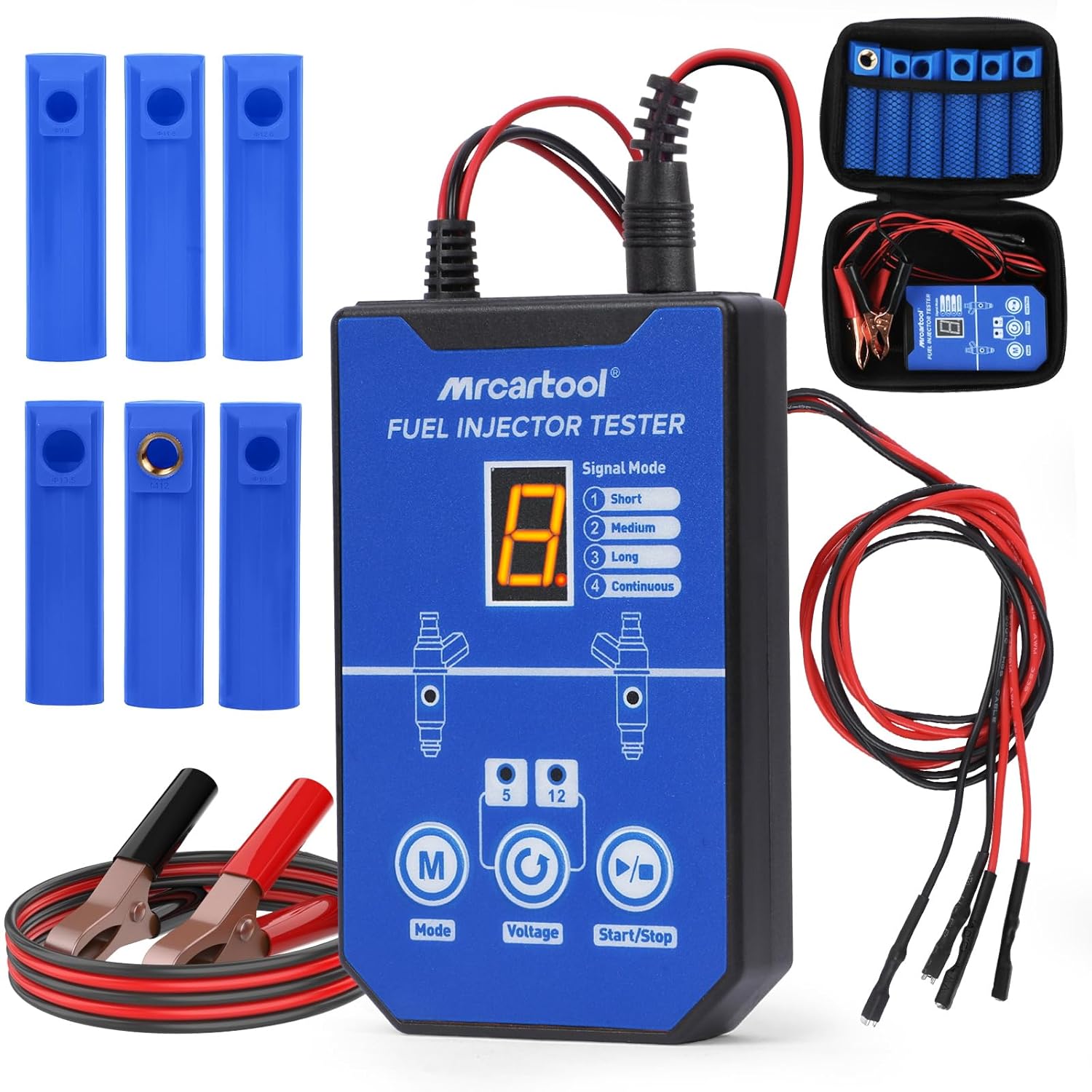 MRCARTOOL V30 tester with battery leads, injector leads and six nozzle adapters.