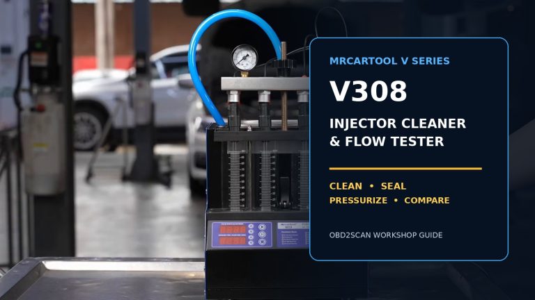MRCARTOOL V308 four-channel injector test setup with operating-guide title.