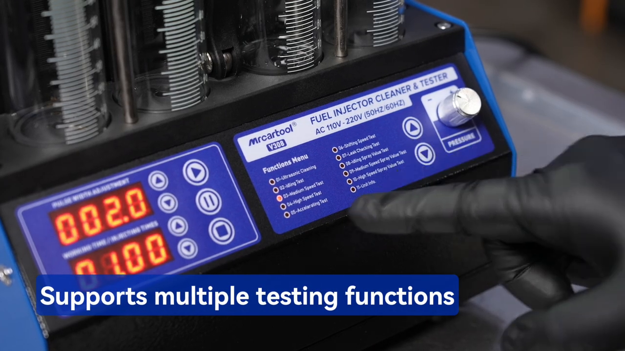 MRCARTOOL V308 control panel displaying a selected injector test function.