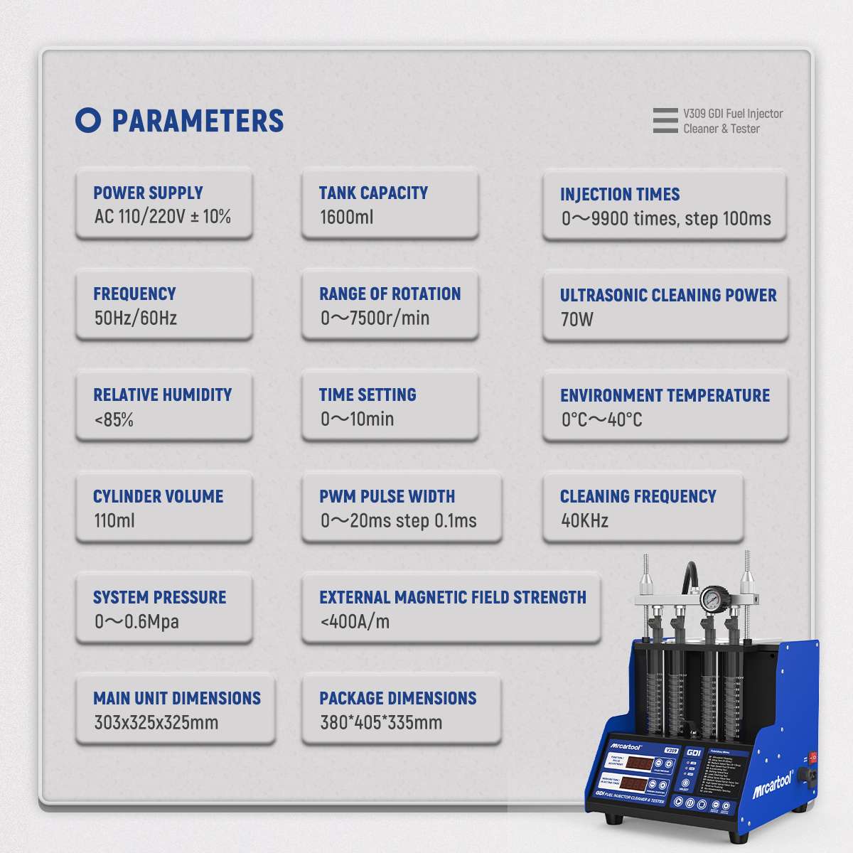 Current MRCARTOOL V309 parameter graphic listing 1600 milliliters tank capacity, 110 milliliters per cylinder and other machine limits.