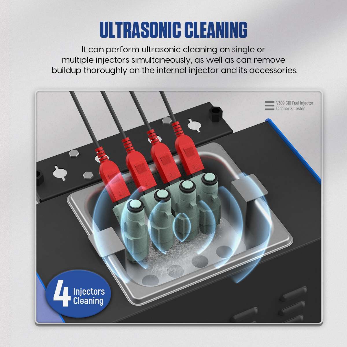 Four injectors supported in the MRCARTOOL V309 ultrasonic tank with pulse leads kept above the cleaning agent.