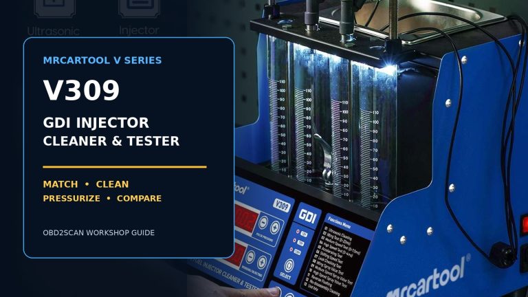 MRCARTOOL V309 GDI injector cleaner and tester with large operating-guide title.