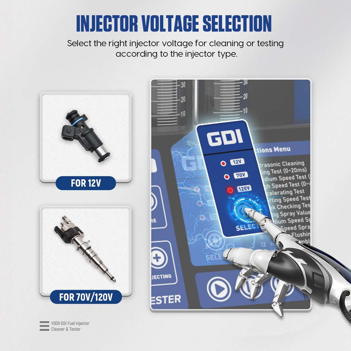 MRCARTOOL V309 voltage-selection graphic showing a 12-volt standard injector and 70/120-volt high-pressure injector examples.