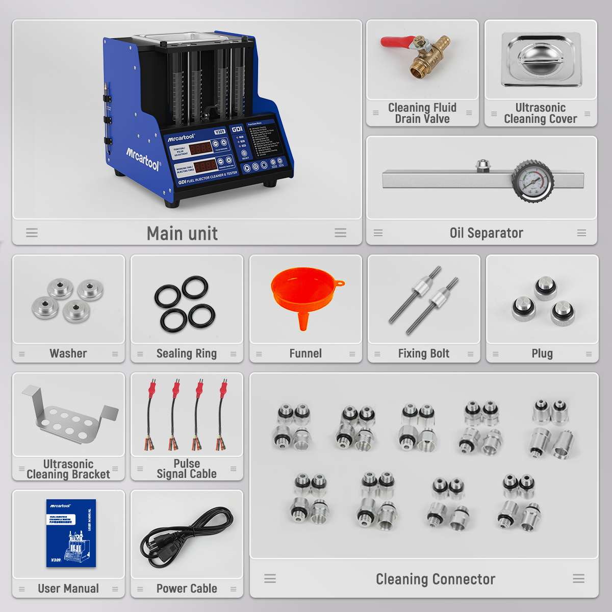 MRCARTOOL V309 main unit, rail hardware, pulse leads, seals and injector adapters.