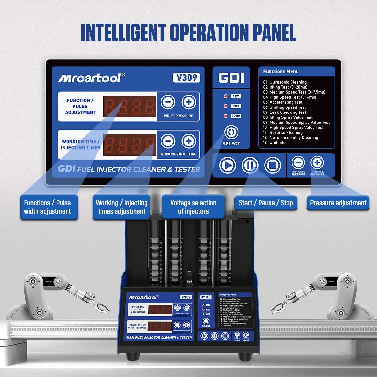 MRCARTOOL V309 panel showing pulse, time or count, 12/70/120-volt selection, function list and pressure controls.