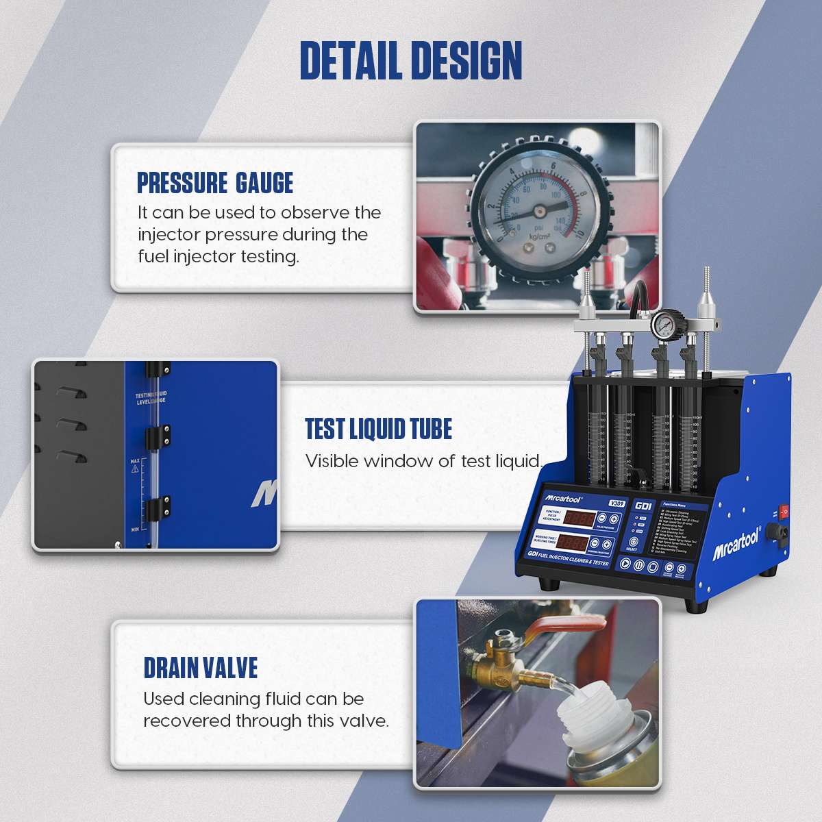 MRCARTOOL V309 pressure gauge, test-fluid level window and cleaning-agent drain valve details.