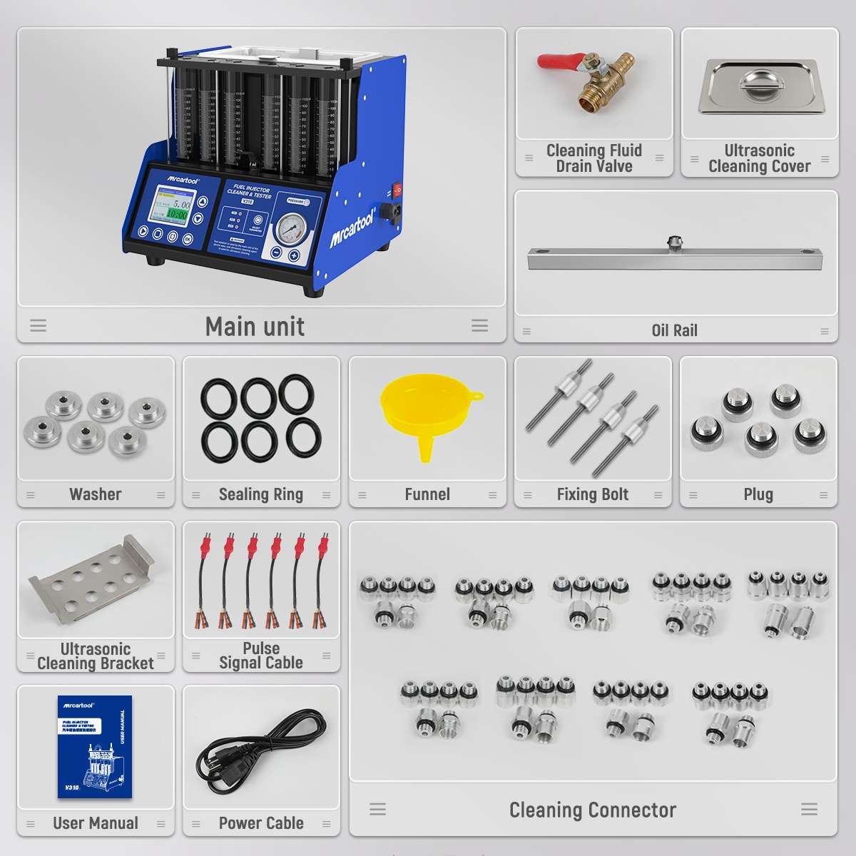 MRCARTOOL V310 main unit with six-channel rail hardware, pulse leads, seals, plugs and injector adapters.
