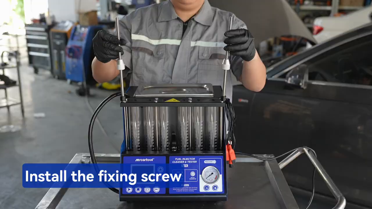 MRCARTOOL V310 rail being secured over six measuring cylinders with two locking rods.