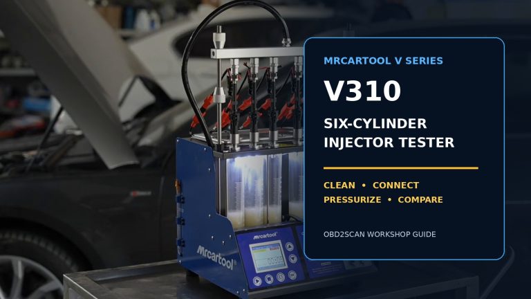 MRCARTOOL V310 six-cylinder injector tester with large guide title.