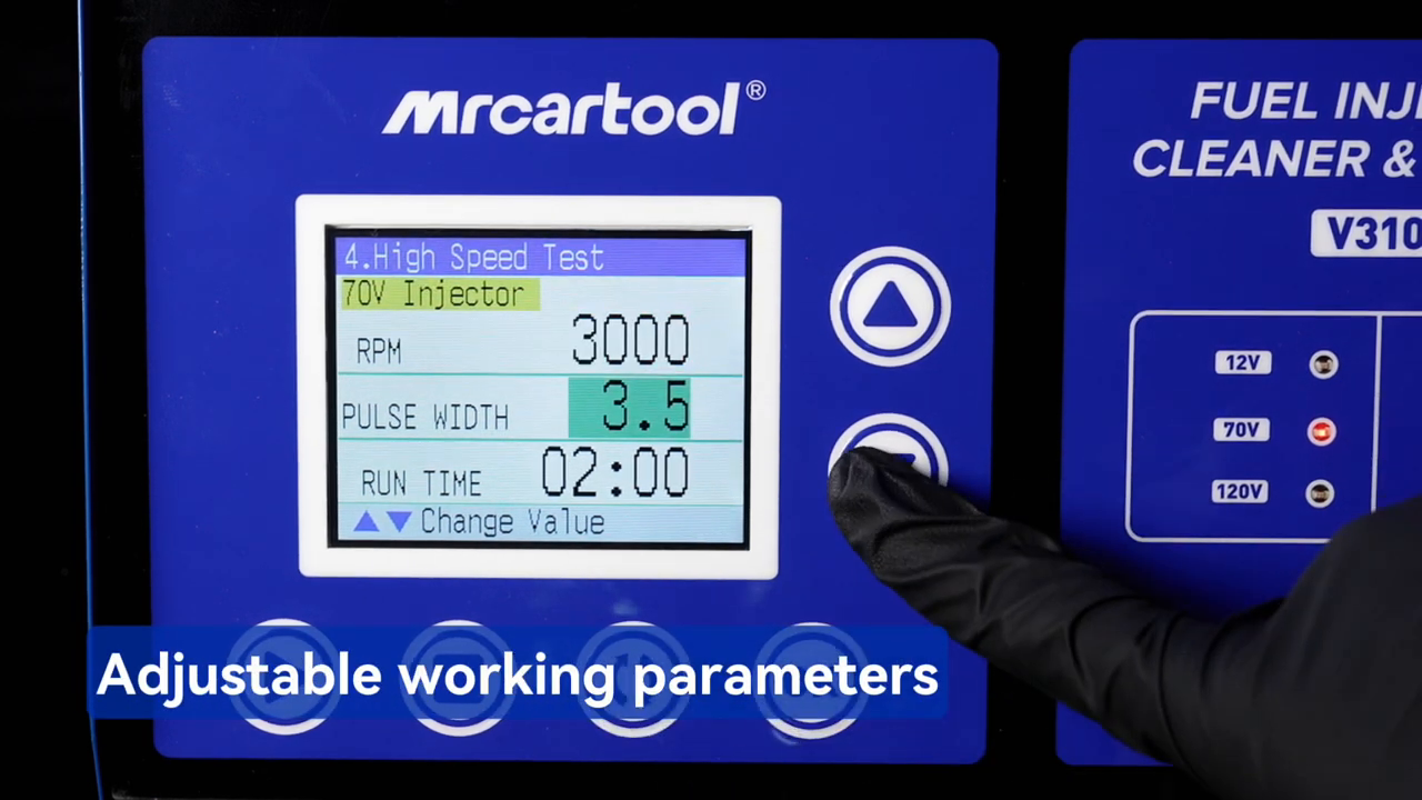 MRCARTOOL V310 TFT showing high-speed test, 70-volt injector drive, 3000 rpm, 3.5-millisecond pulse width and two-minute run time.