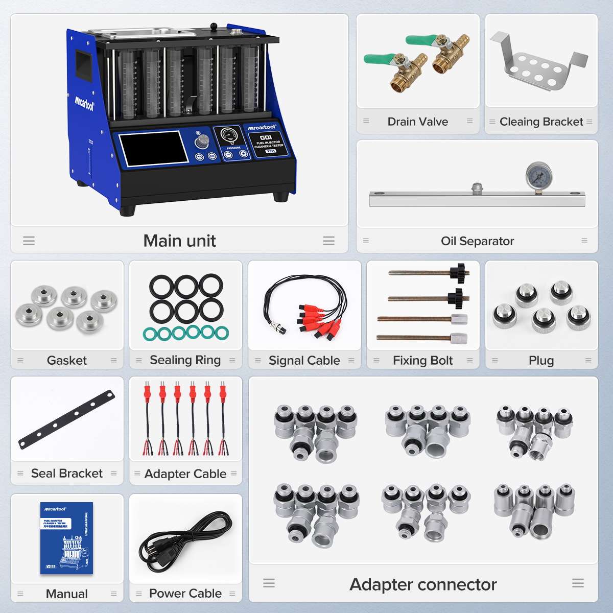 MRCARTOOL V311 main unit with six-channel rail hardware, pulse leads, seals, plugs and injector adapters.