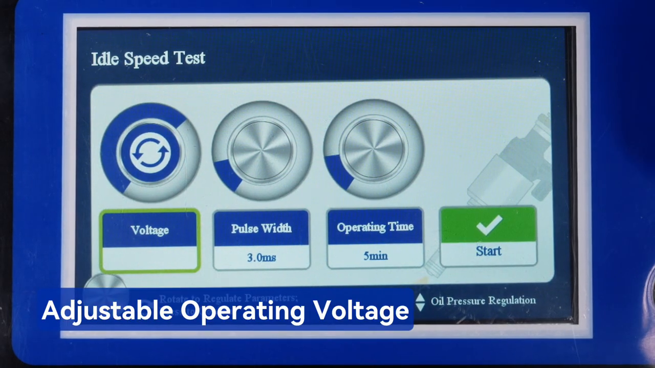 MRCARTOOL V311 five-inch display showing idle-speed test values for voltage, pulse width and time.