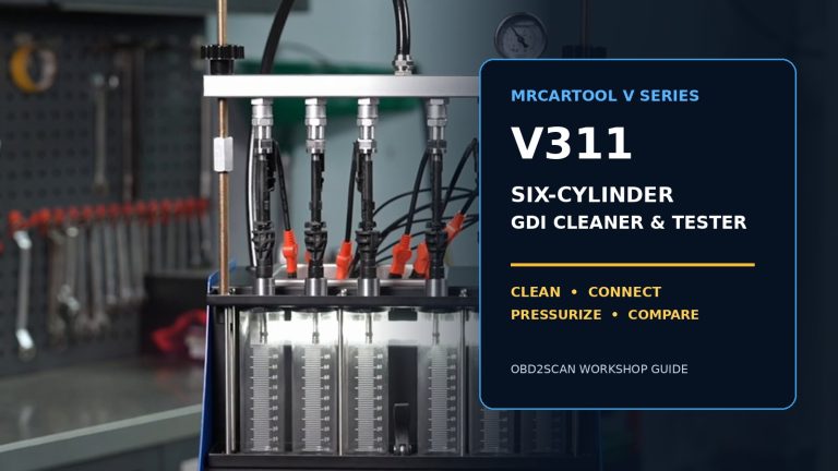 MRCARTOOL V311 six-cylinder GDI injector cleaner and tester with large guide title.