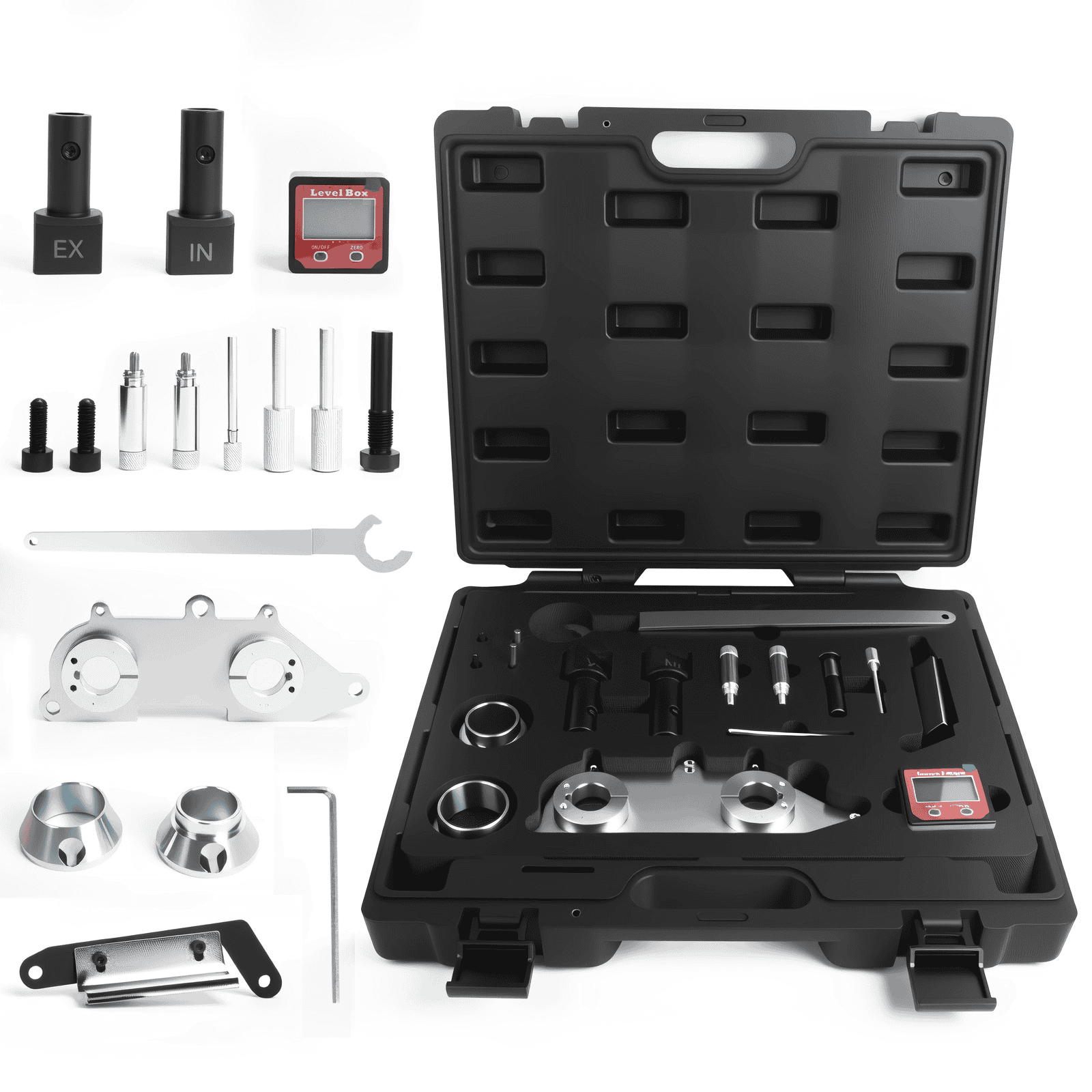Second official angle of the VAG 1.5 TSI EA211 EVO timing tool kit, showing the relative shapes and storage positions of its fixtures.