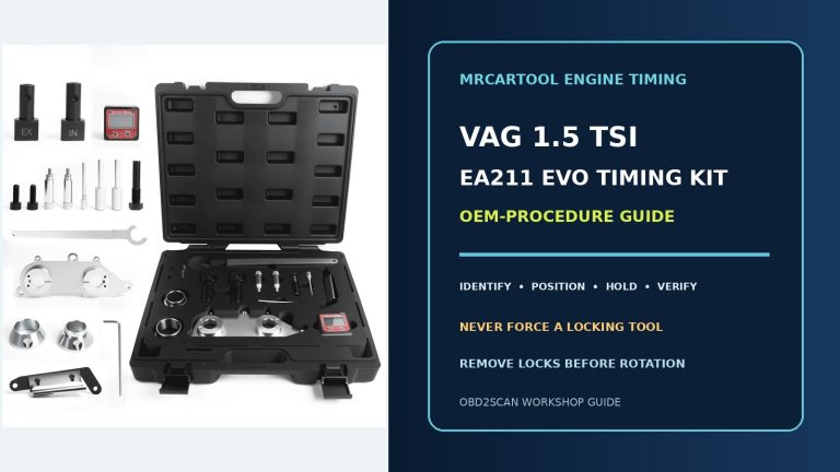 Official kit beside a large VAG 1.5 TSI EA211 EVO timing tool kit OEM-procedure guide title.