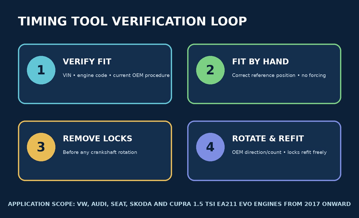 Verification diagram for matching the engine, fitting locks without force, removing them before rotation and refitting after the hand-rotation check.