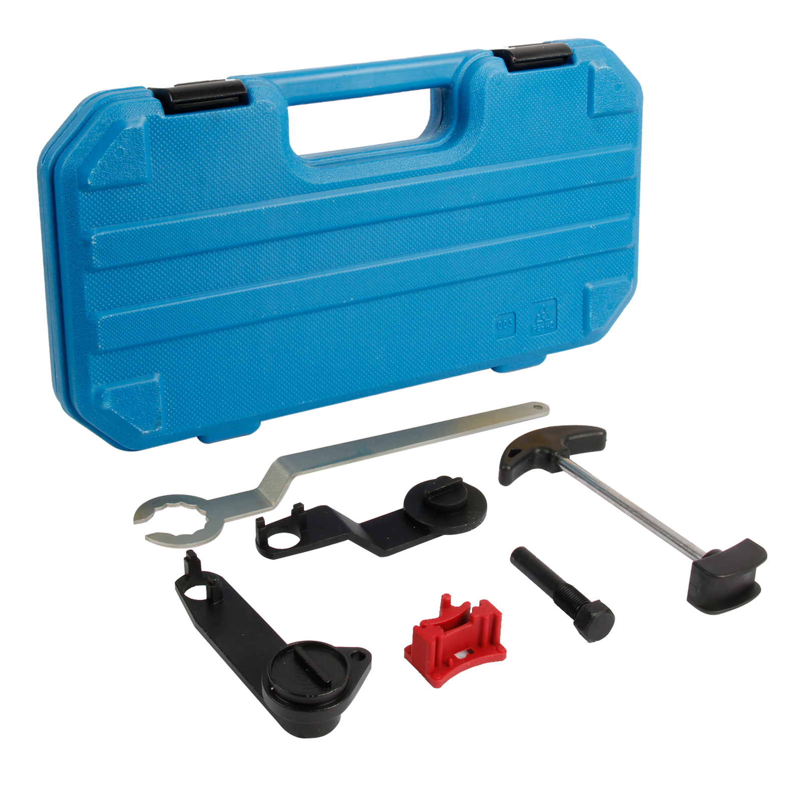 Second official angle of the Volkswagen EA211 timing tool set, showing the relative shapes and storage positions of its fixtures.