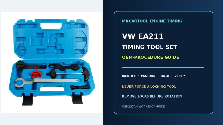 Official kit beside a large Volkswagen EA211 timing tool set OEM-procedure guide title.
