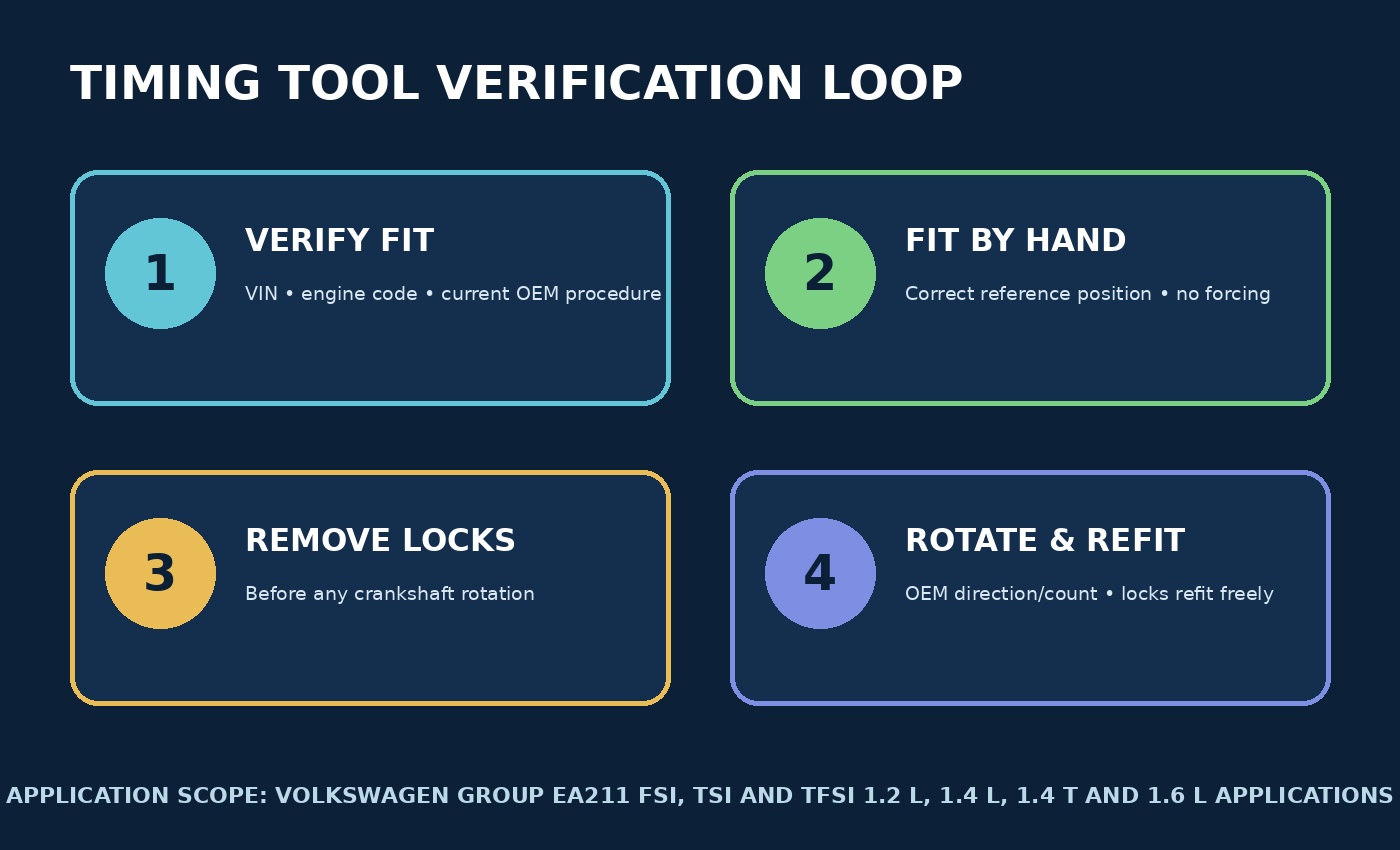 Verification diagram for matching the engine, fitting locks without force, removing them before rotation and refitting after the hand-rotation check.