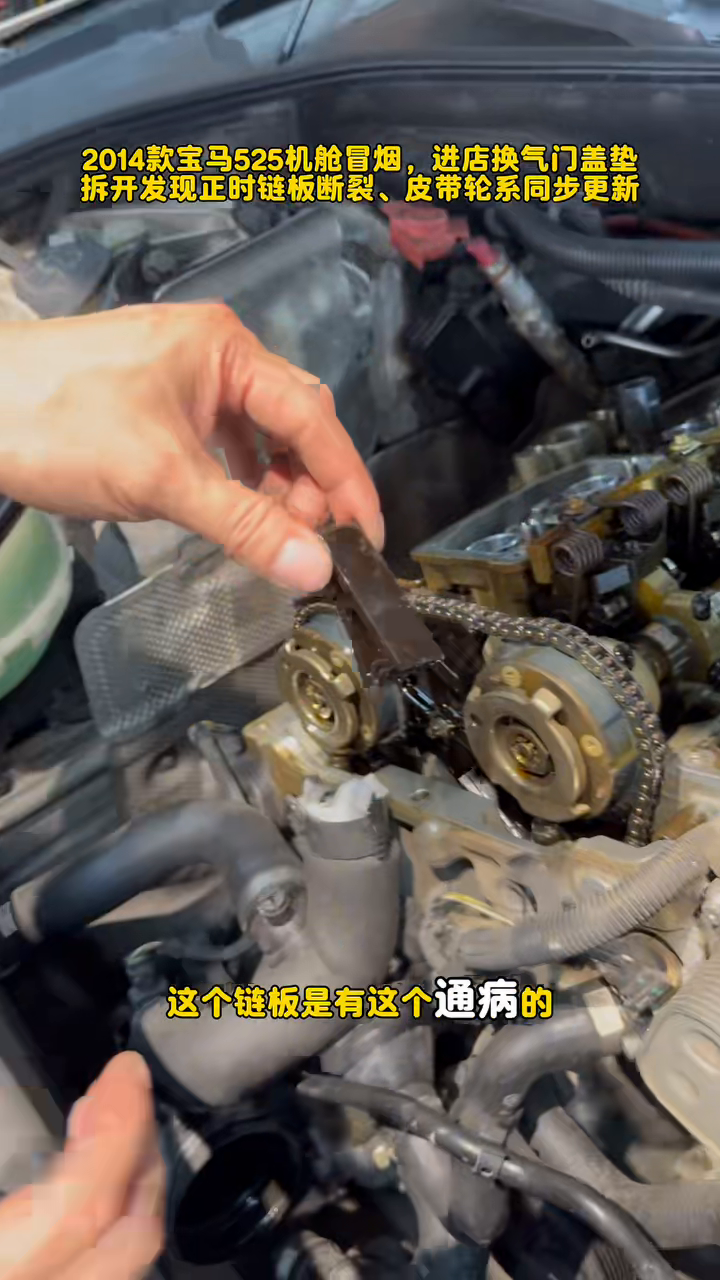 Fractured plastic timing-guide piece held beside the exposed BMW N20 timing chain and cam sprockets.