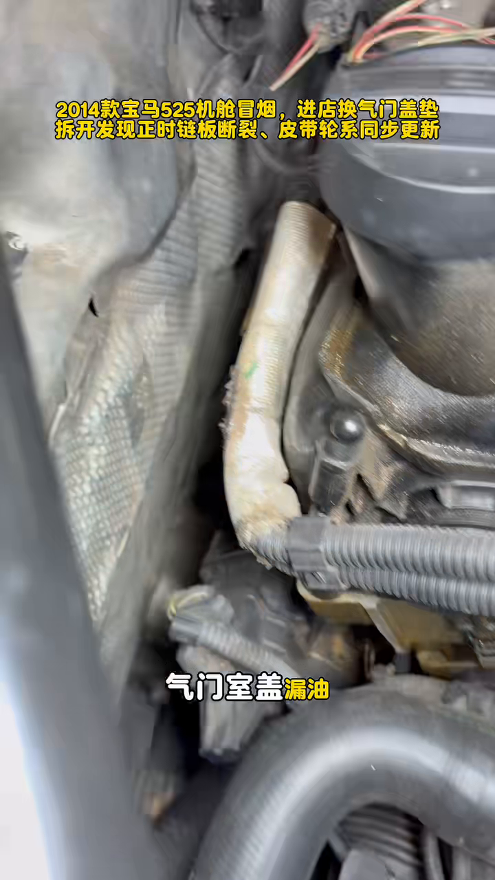 Oil residue visible along the exhaust side of the BMW N20 engine near the heat-shield area.