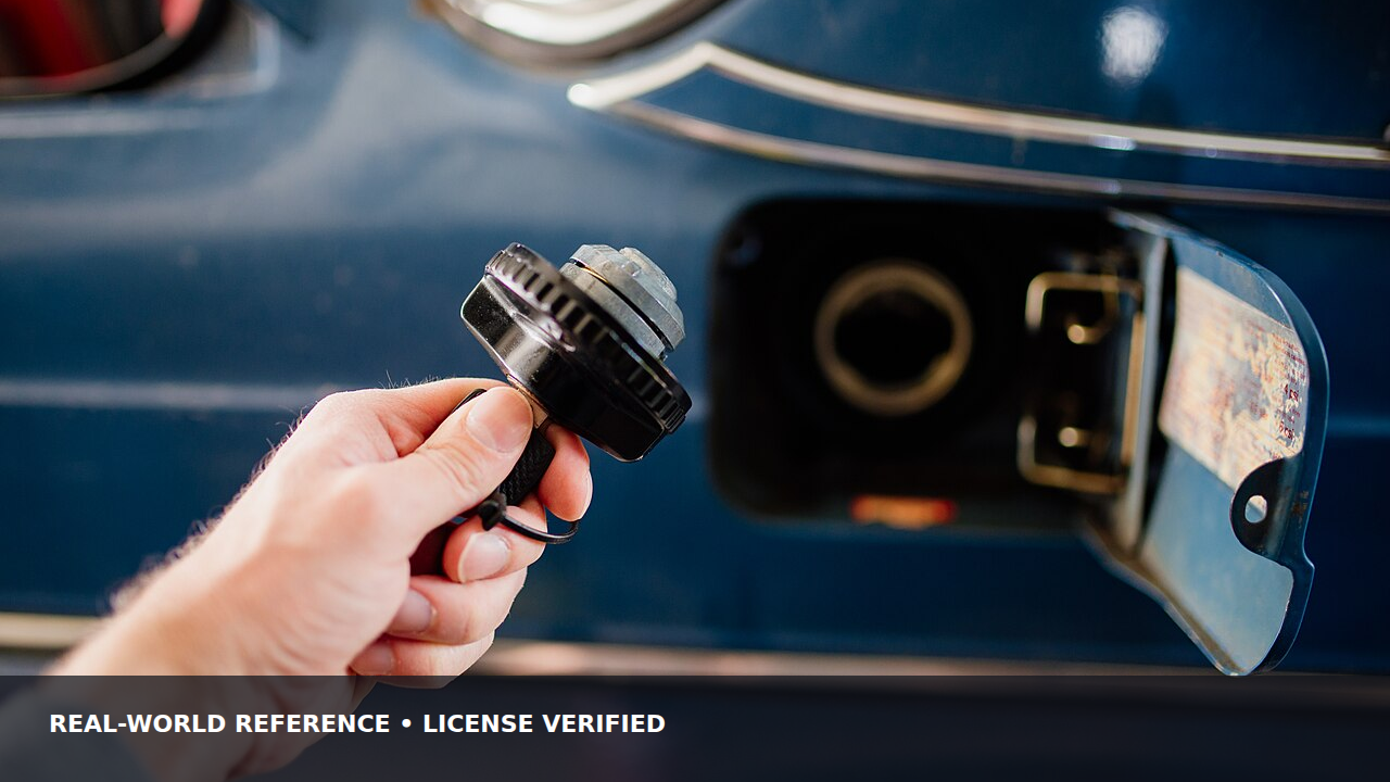 Driver holding a vehicle fuel cap beside the open filler door at a gas station